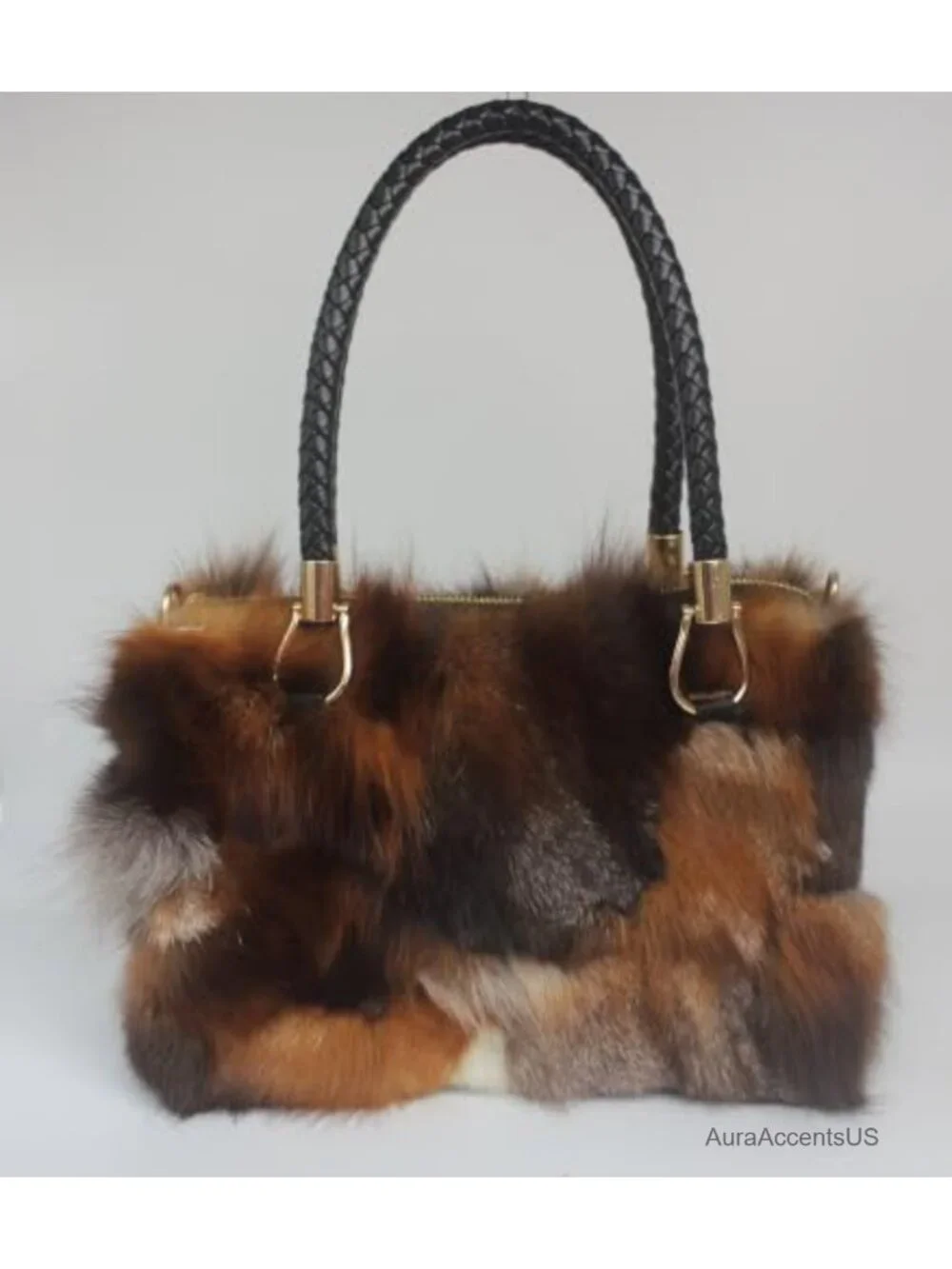 Genuine Fox Fur Handbag with Leather Handle Medium Satchel Bag